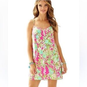 🆕Lilly Pulitzer-Southern Charm Print Silk Slip Dress, Flamingo Pink,Size L